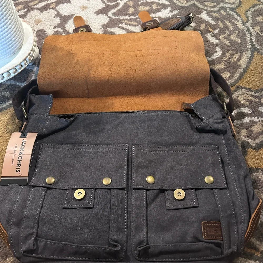 Brown and Black Men's Messenger Bag. Canvas and leather